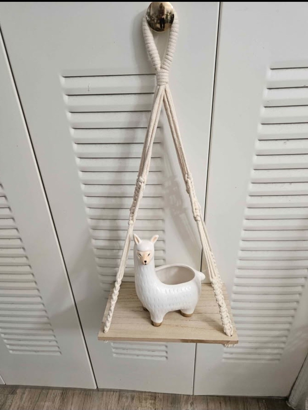 Cream Macrame Hanging Wall Shelf with White Llama Planter
